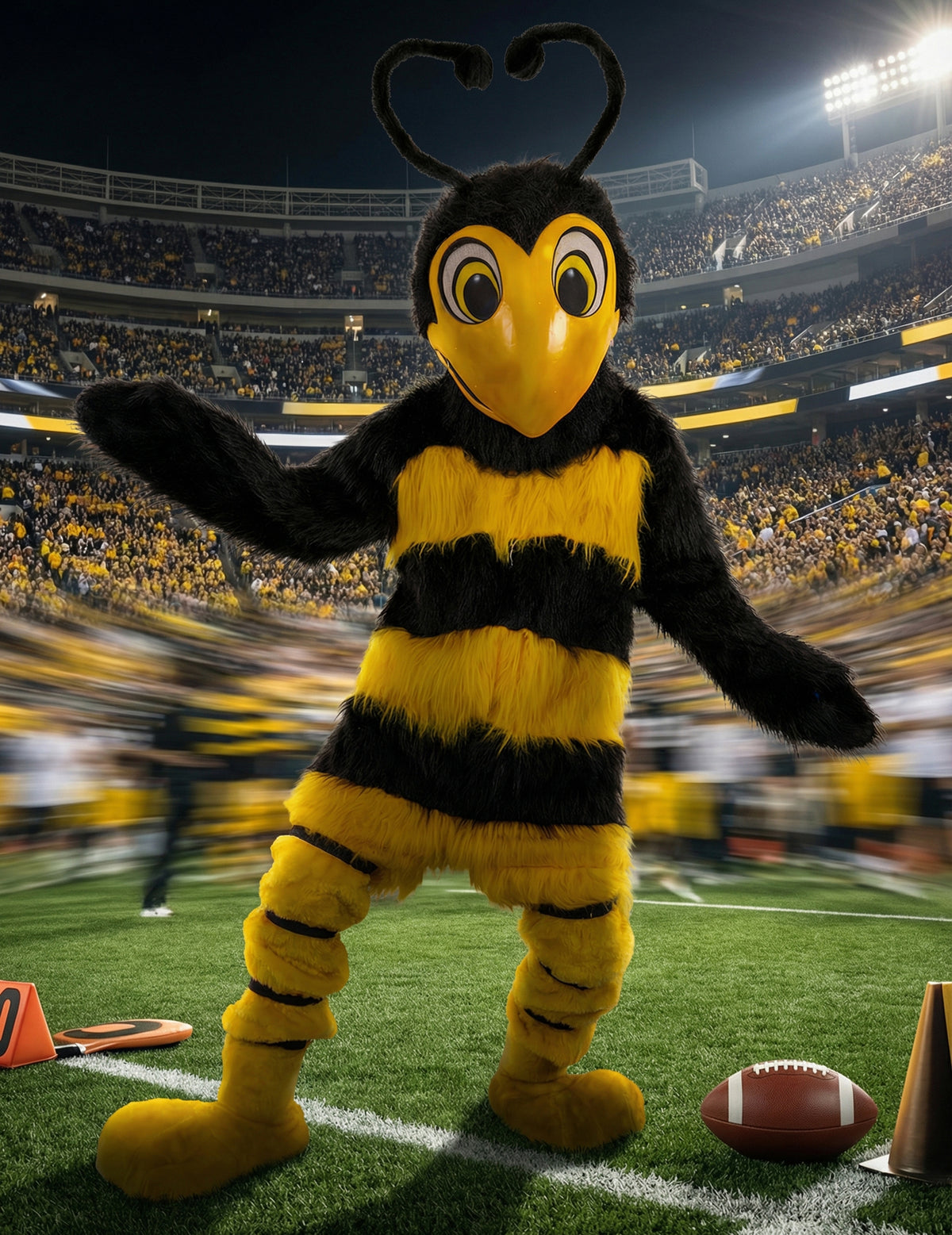 Mise en situation dans un stade de football américain du déguisement mascotte abeille pour adulte
