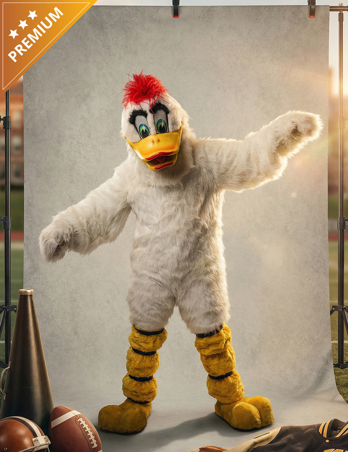 Déguisement mascotte canard pour adulte blanc avec crête rouge et bec jaune