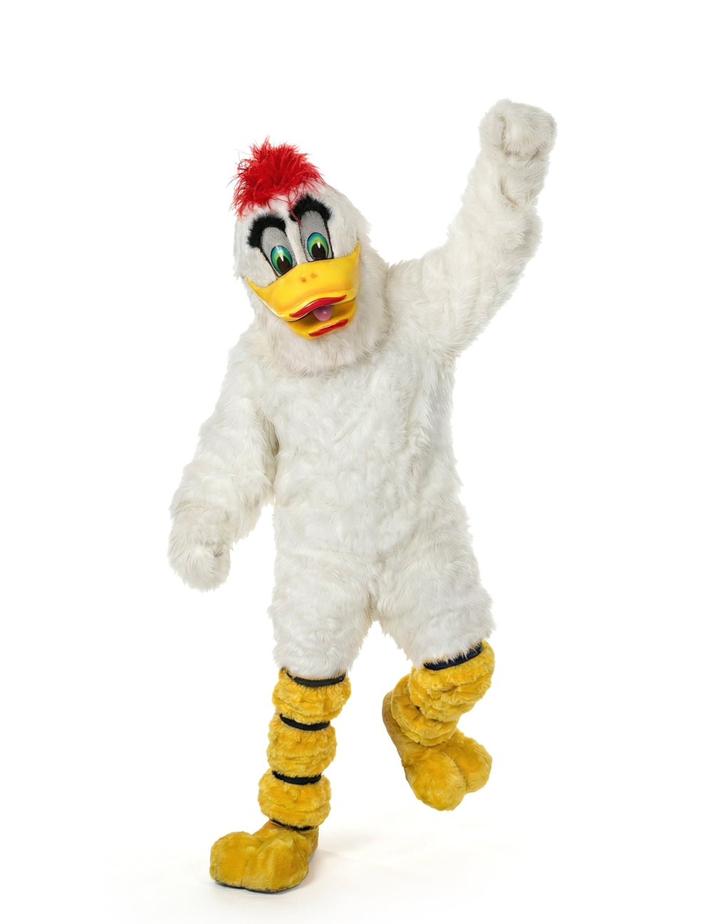 Déguisement mascotte de canard pour adulte blanc avec bec jaune et crête rouge