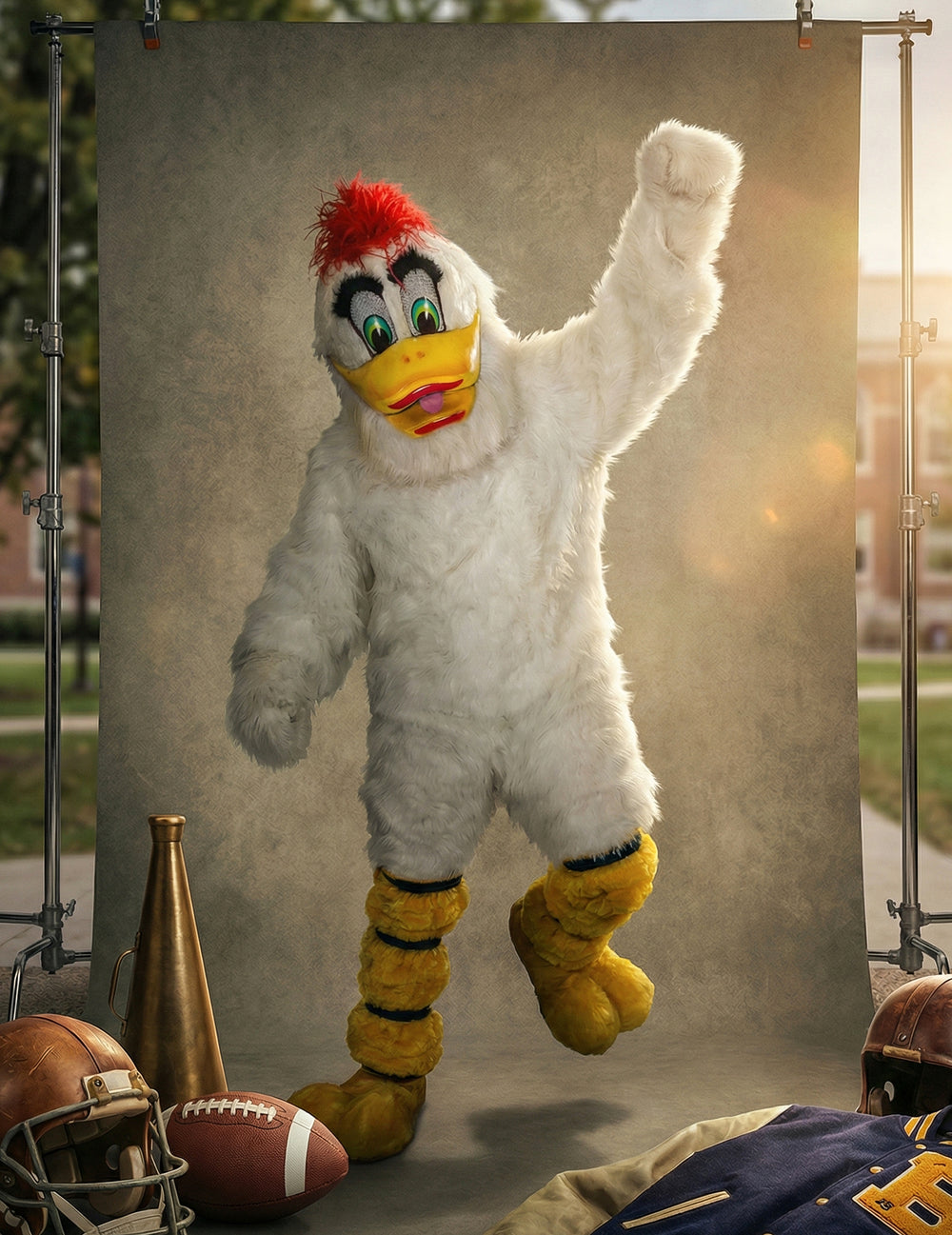 Vue d'ensemble du déguisement mascotte canard pour adulte