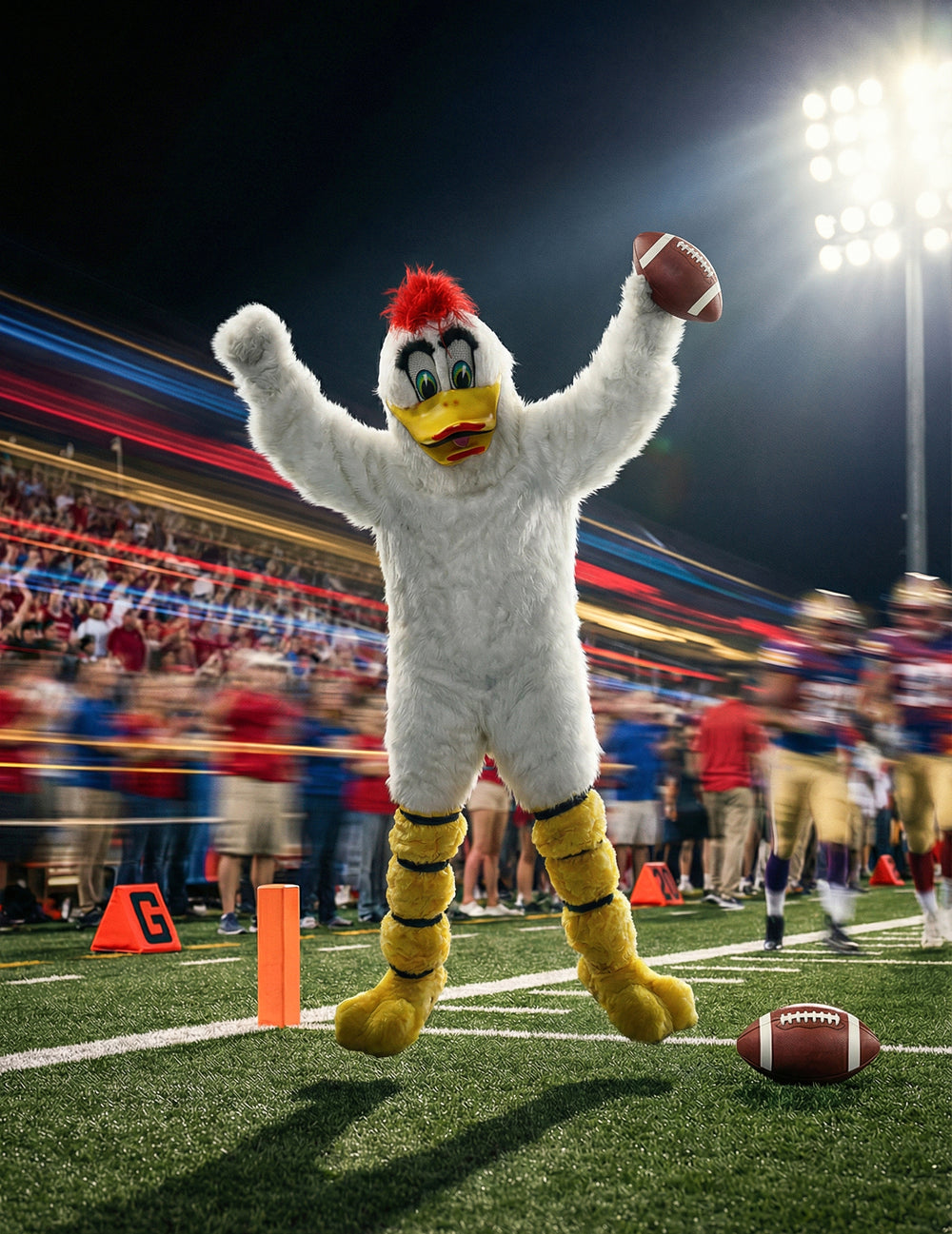 Mise en situation sur un terrain de sport du déguisement mascotte canard pour adulte