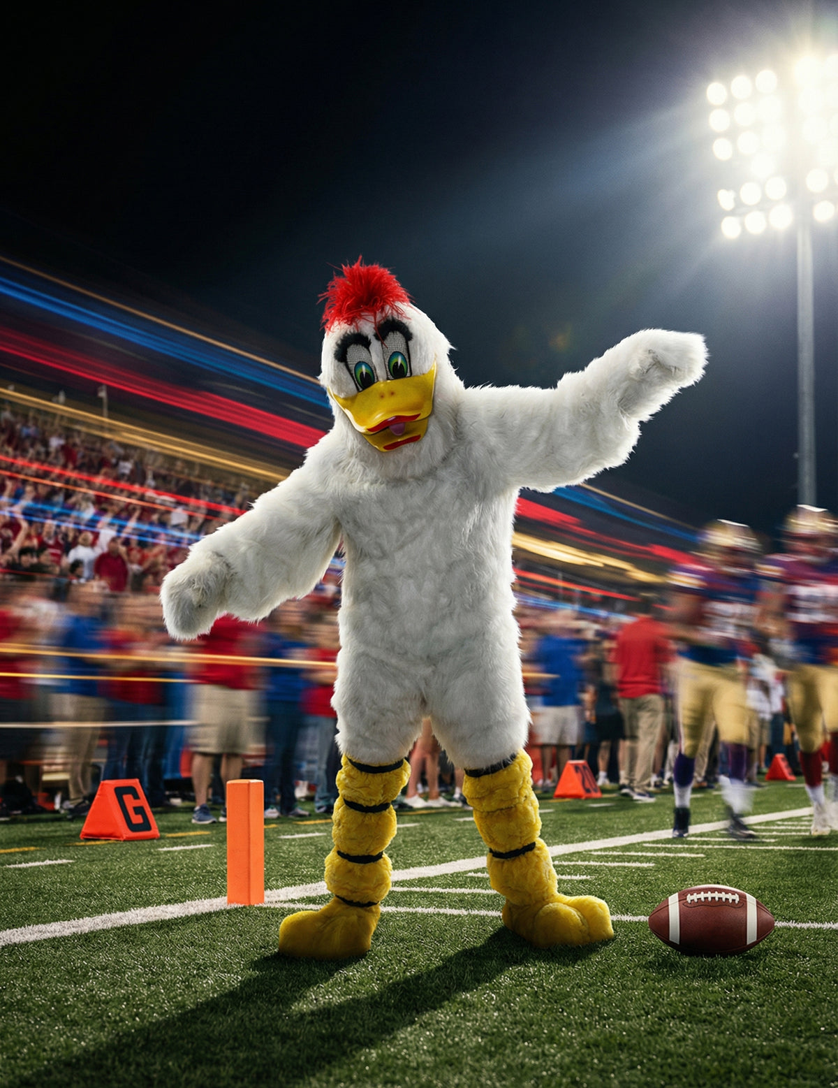 Mise en scène dans un stade du déguisement mascotte canard pour adulte