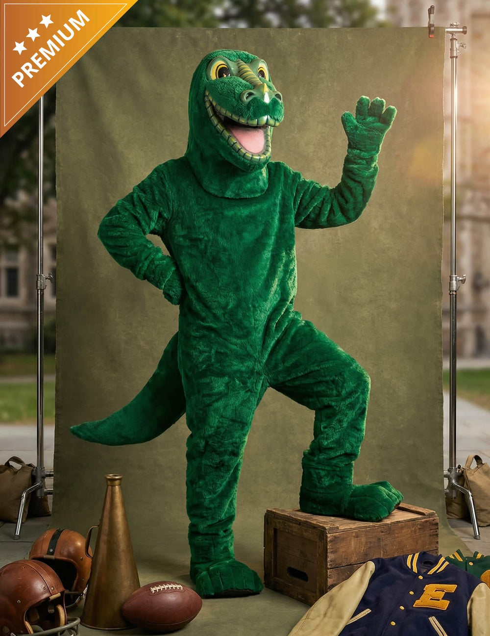 Kostým maskota dinosaurus pre dospelý zelená z plyšovej látky