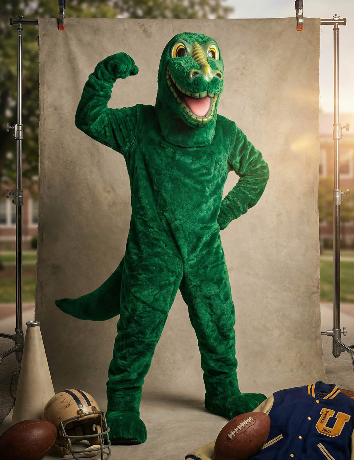 Dynamická póza s doplnkami športu kostýmu maskota dinosaurus