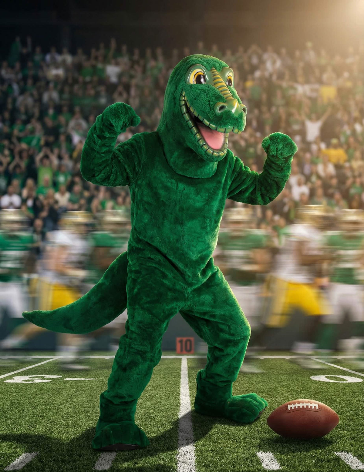 Uvedenie do situácie na štadióne kostým maskoti dinosaurus pre dospelý