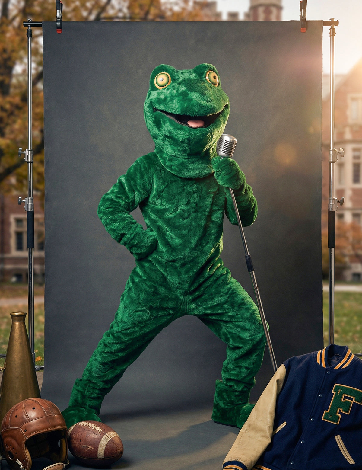 Mise en situation avec micro du déguisement mascotte grenouille pour adulte
