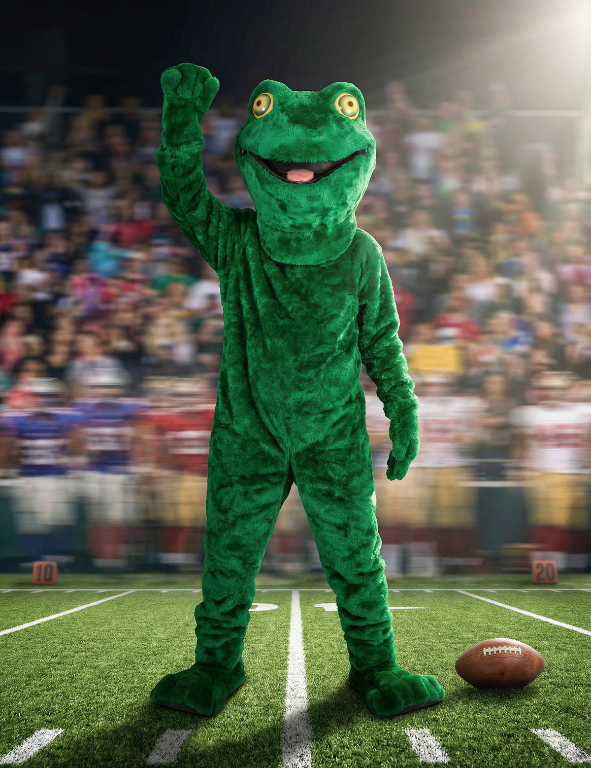 Mise en situation sur un terrain de football du déguisement mascotte grenouille pour adulte