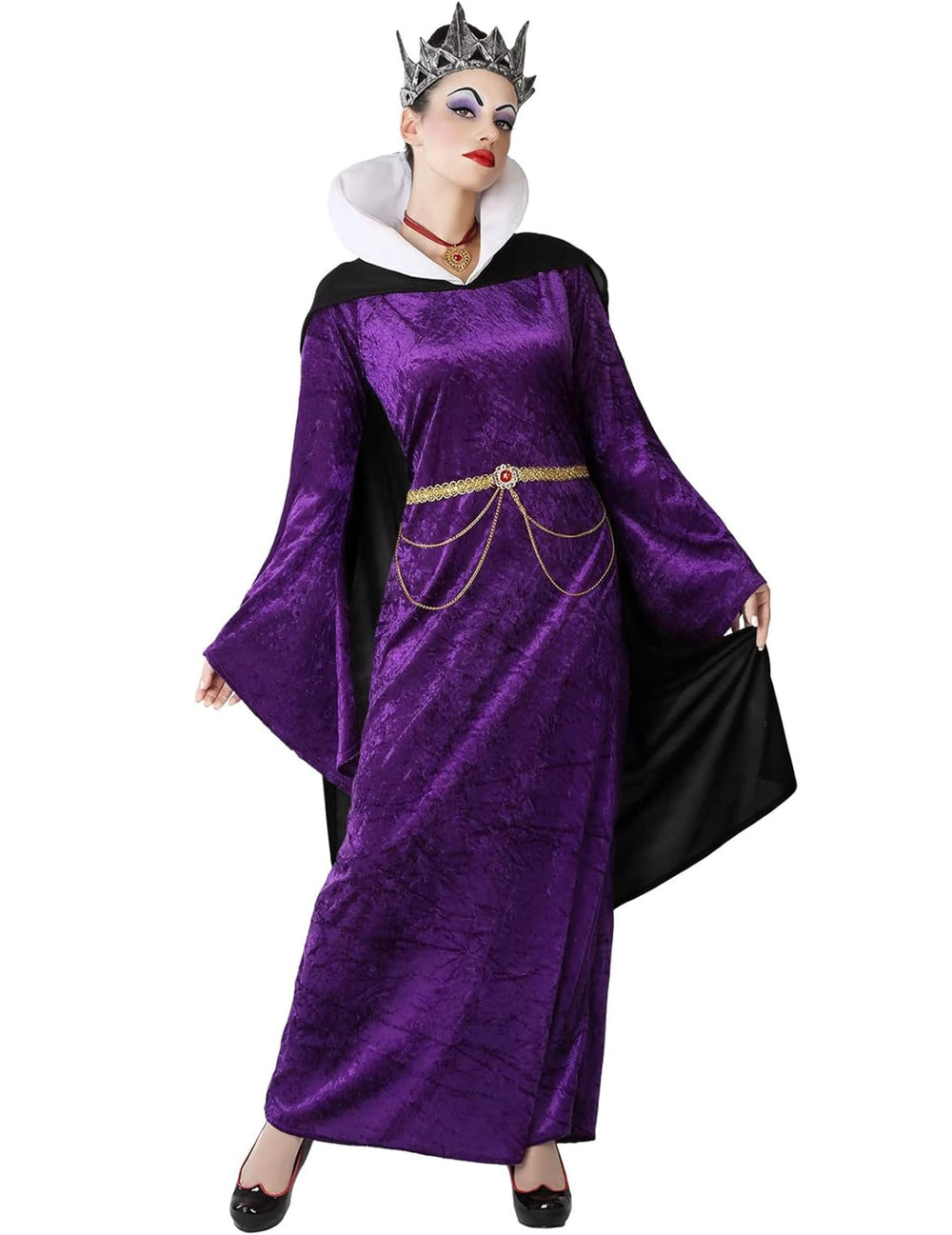 Déguisement de méchante reine pour femme violette avec couronne et cape noire