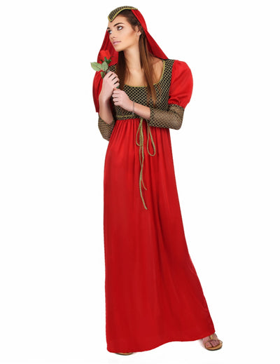 Déguisement médiéval pour femme rouge avec détails dorés et coiffe