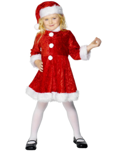Déguisement de Mère Noël pour fille rouge et blanc effet velours avec bonnet