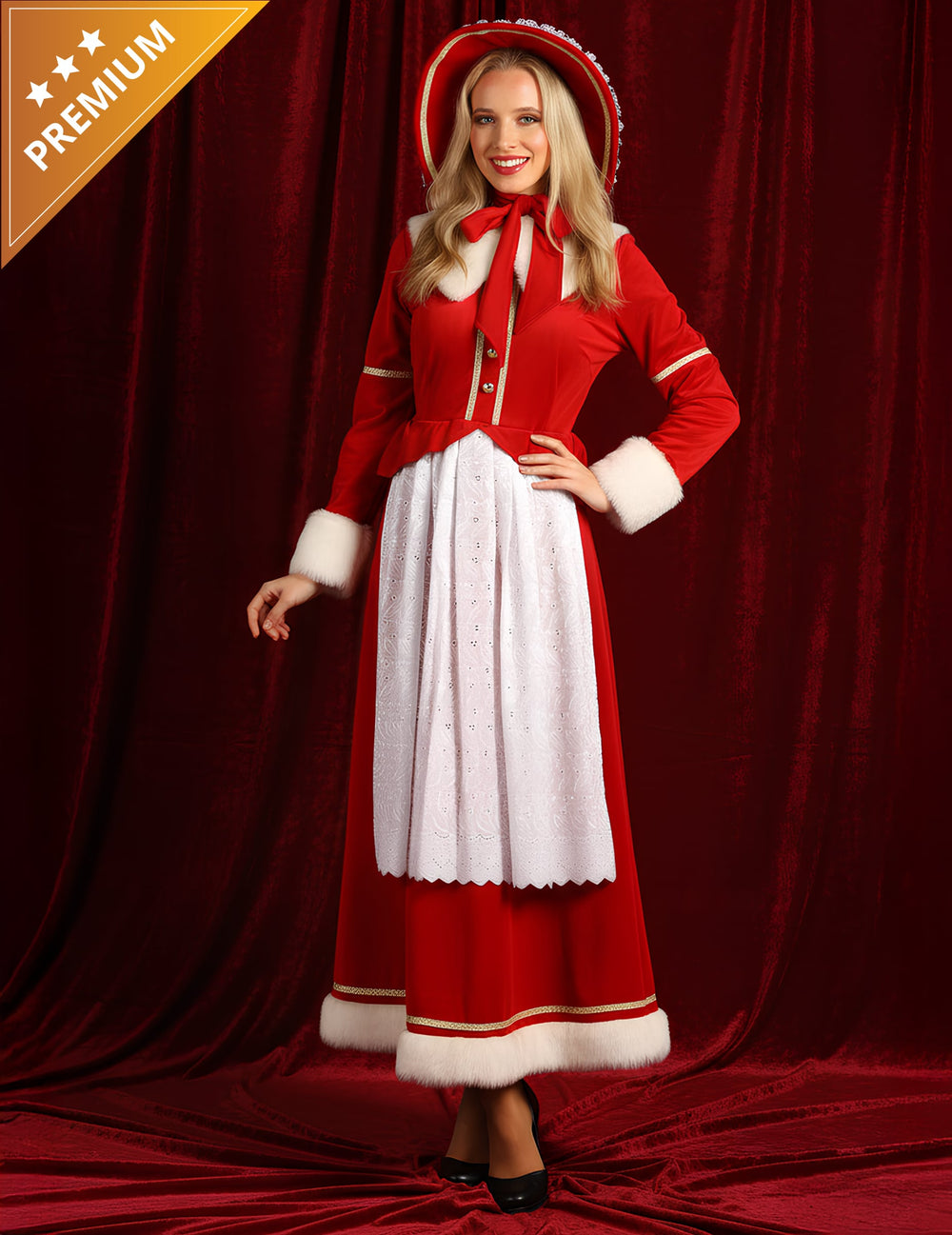 Déguisement de Mère Noël traditionnel avec tablier pour femme rouge et blanc avec bonnet et fourrure