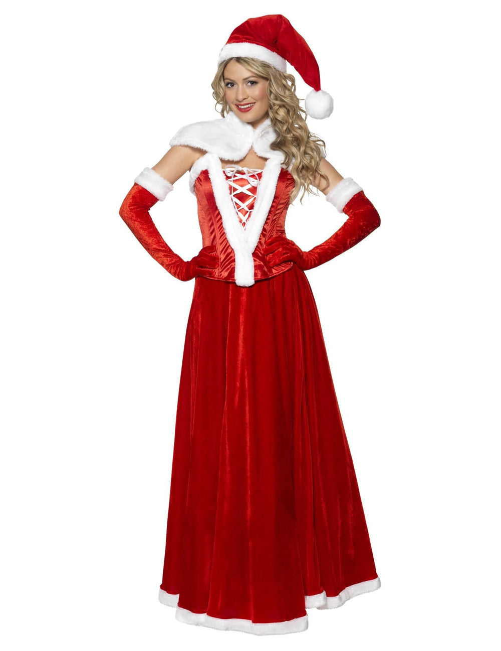 Vue de face du déguisement robe longue Mère Noël luxe pour femme
