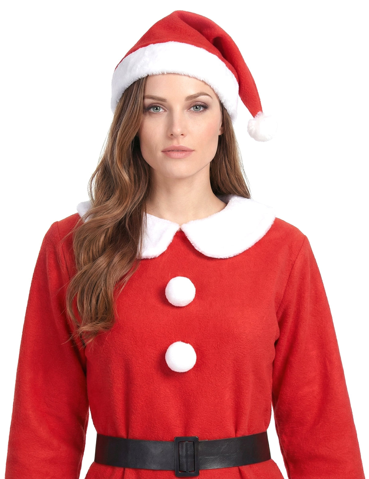 Gros plan sur le haut du déguisement Mère Noël pompons