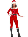 Déguisement Mère Noël pour femme rouge métallique sexy avec bonnet et ceinture