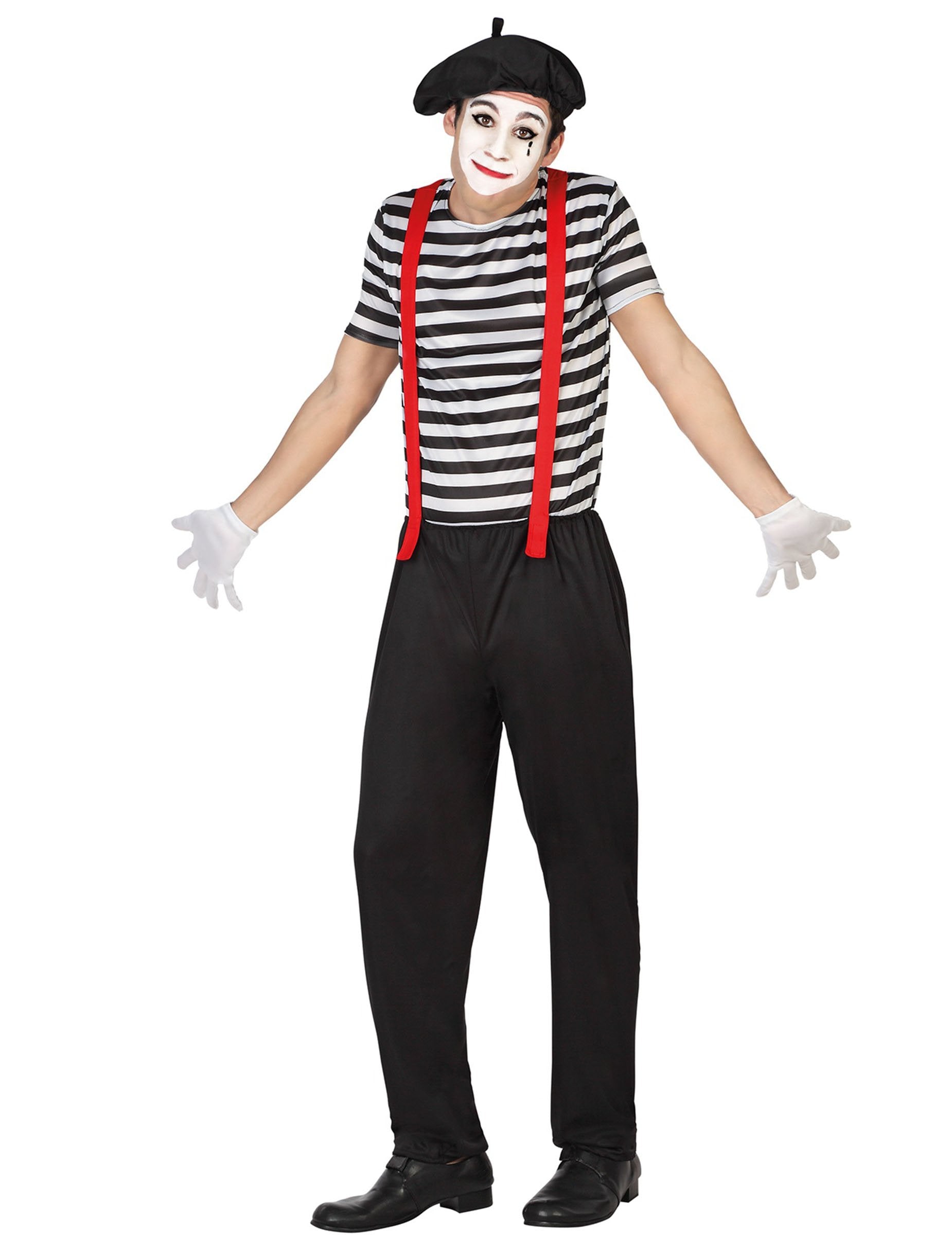 Pánsky pruhovaný čierno-biely kostým mima s červenými traky