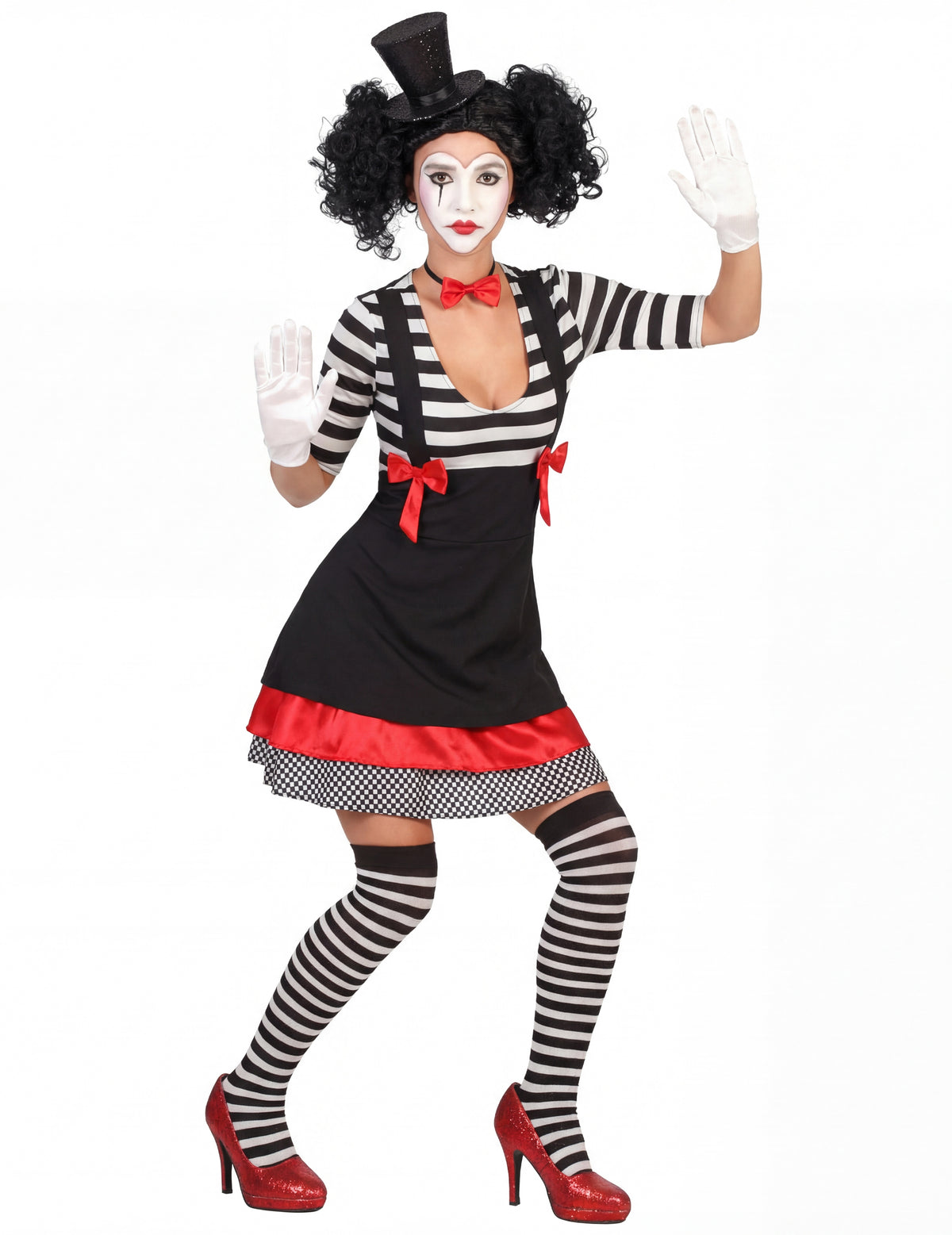 Déguisement de mime pour femme noir et rouge avec robe à rayures