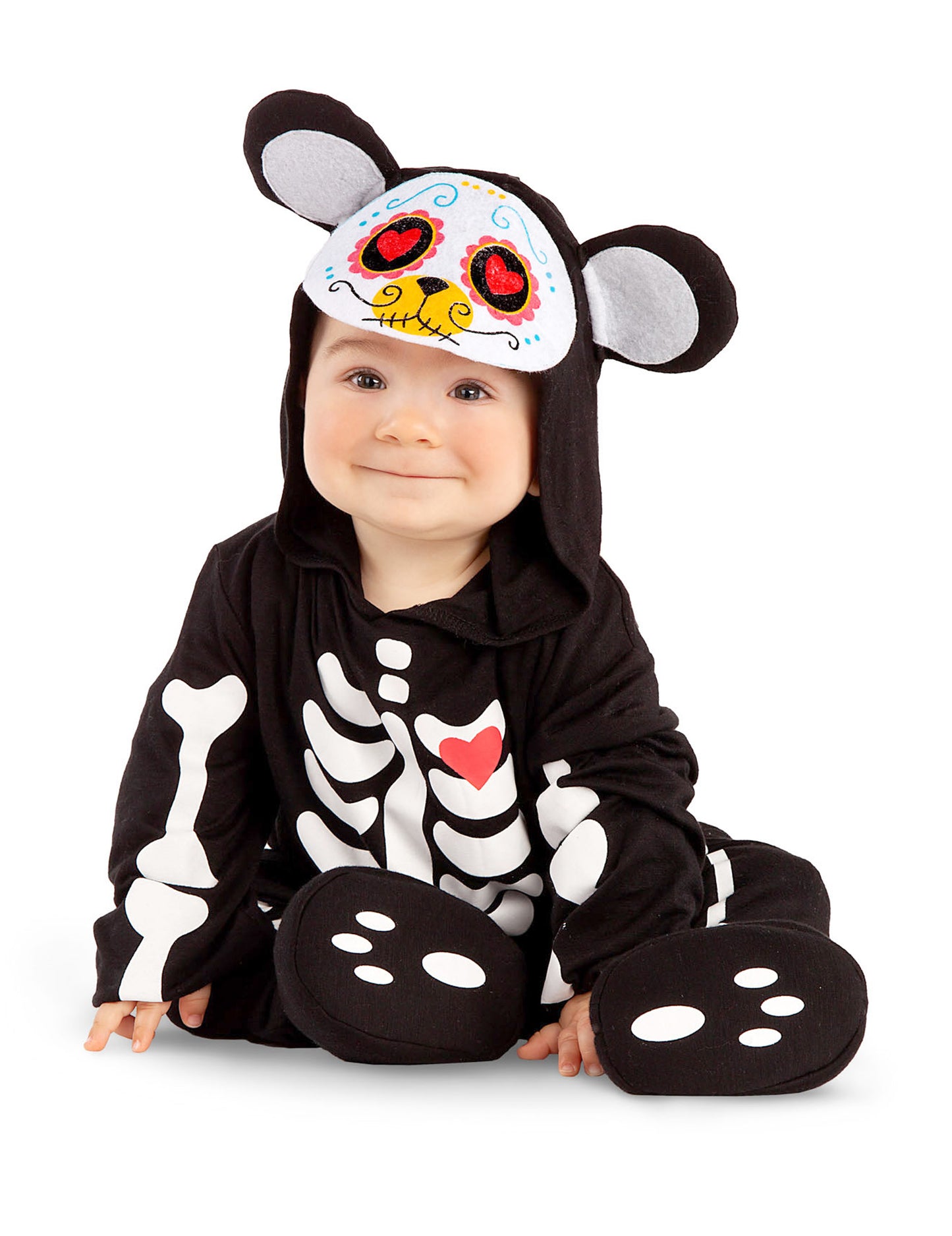 Déguisement mini ours Dia de los muertos pour bébé noir avec motifs squelette et cœur