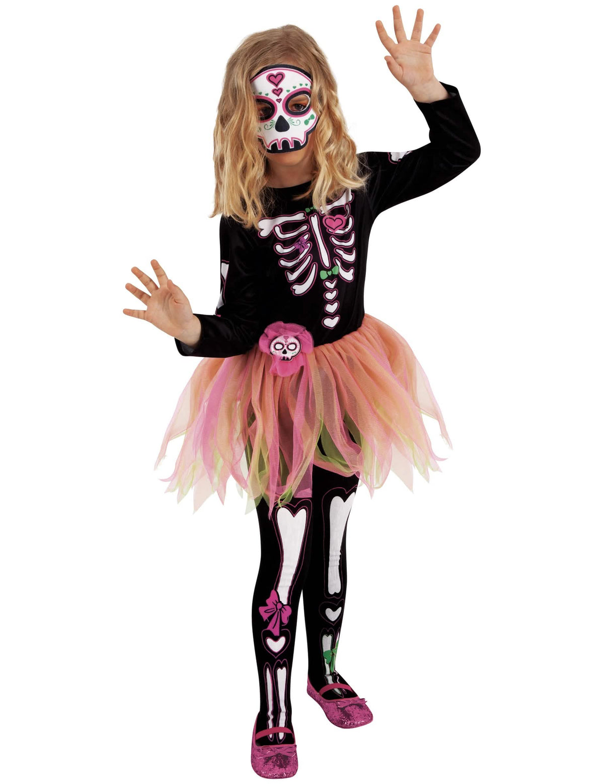 Kostým Miss Dia de los Muertos pre dievča čierna a ružová s maskou a pančuchami