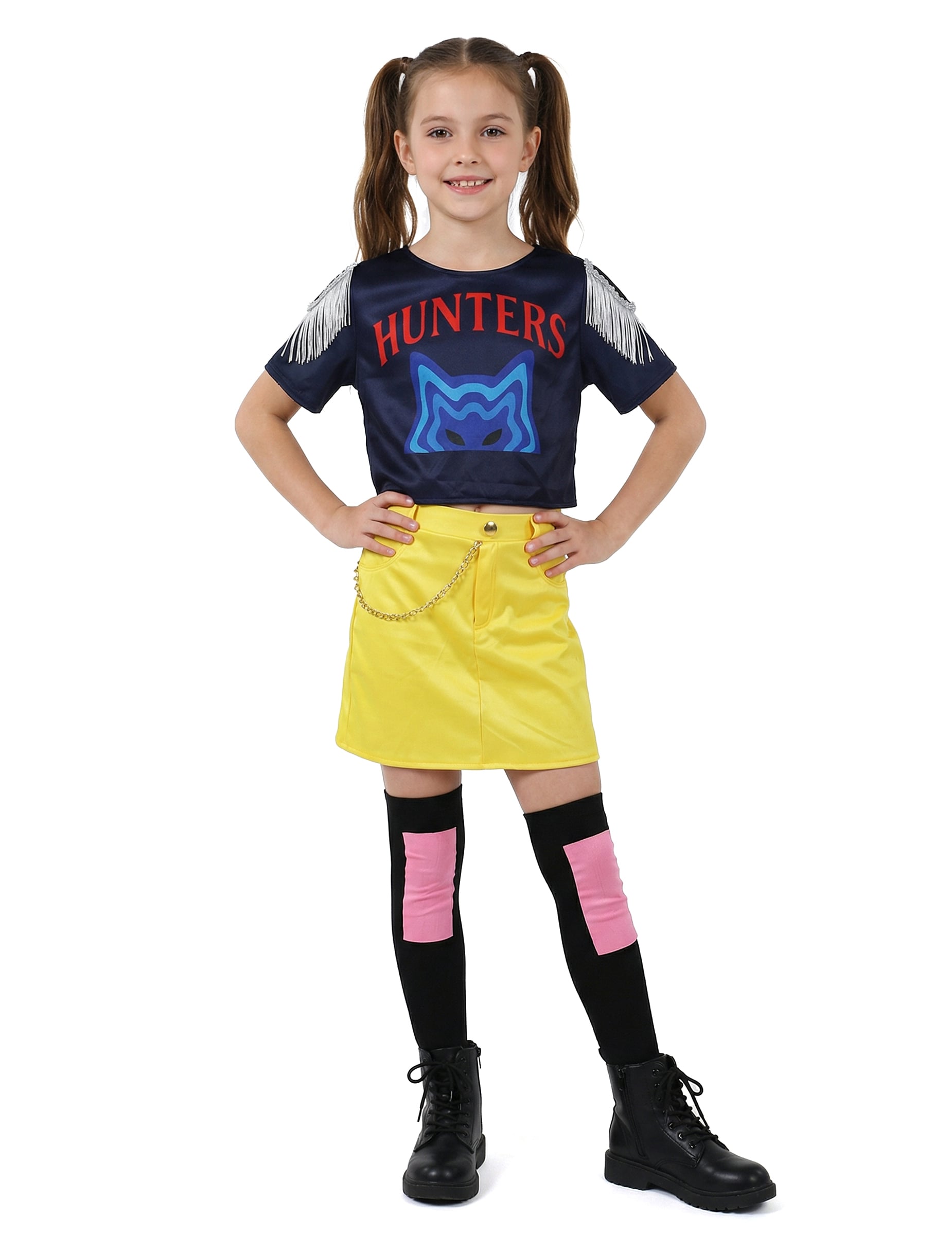 Déguisement miss Kpop pour fille bleu marine et jaune avec jupe et chaussettes montantes