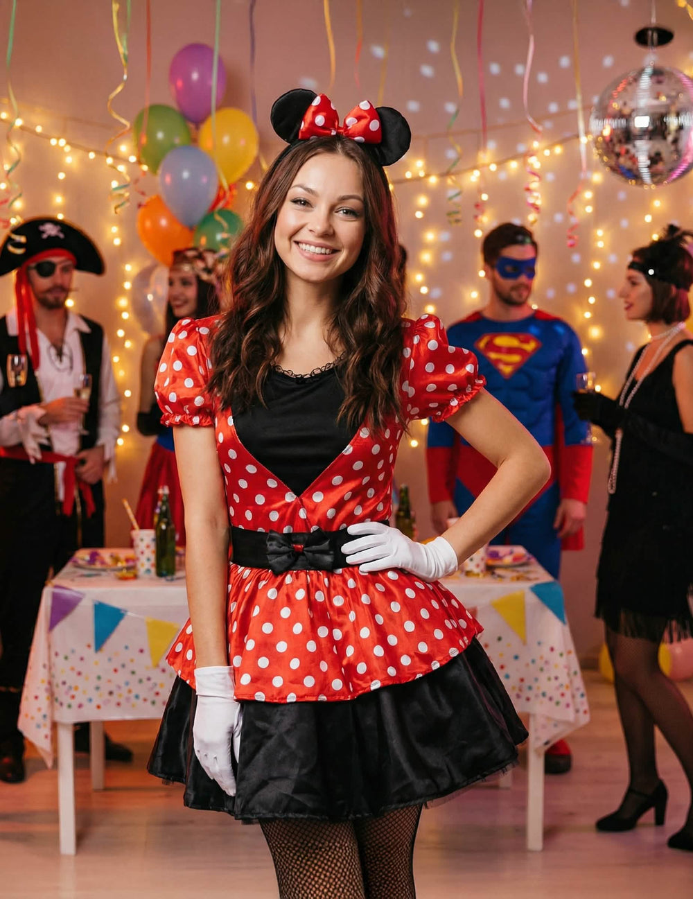 Kostým Miss Mouse pre ženu červená s bielymi bodkami a čierna so čelenkou