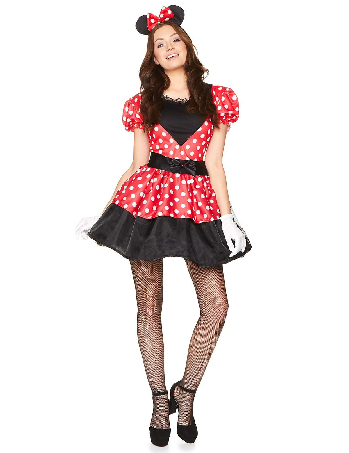 Kostým Miss Mouse pre ženu červená a čierna s bielymi bodkami so čelenkou