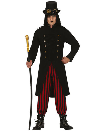 Déguisement Steampunk pour adulte noir et rouge avec haut-de-forme et lunettes