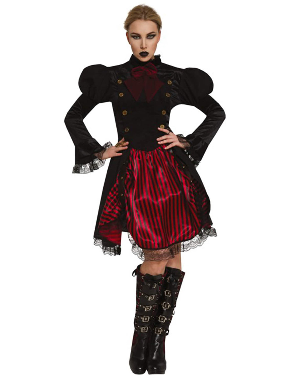 Kostým Miss steampunk pre ženu čierna a červená s pruhmi a čipkou