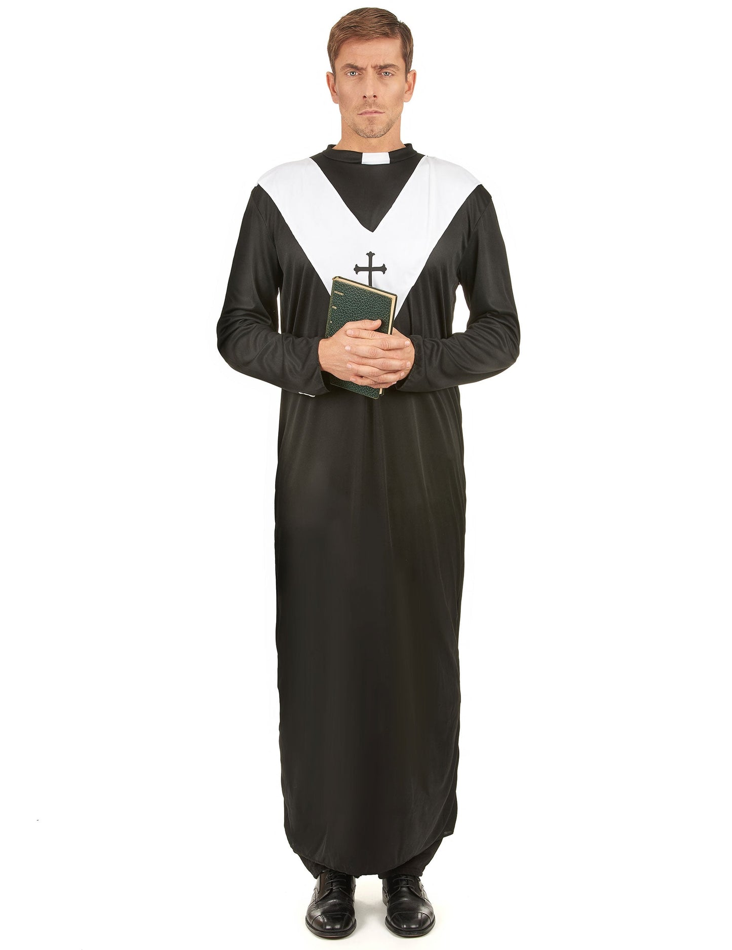 Déguisement de moine pour homme noir et blanc avec plastron en V et croix