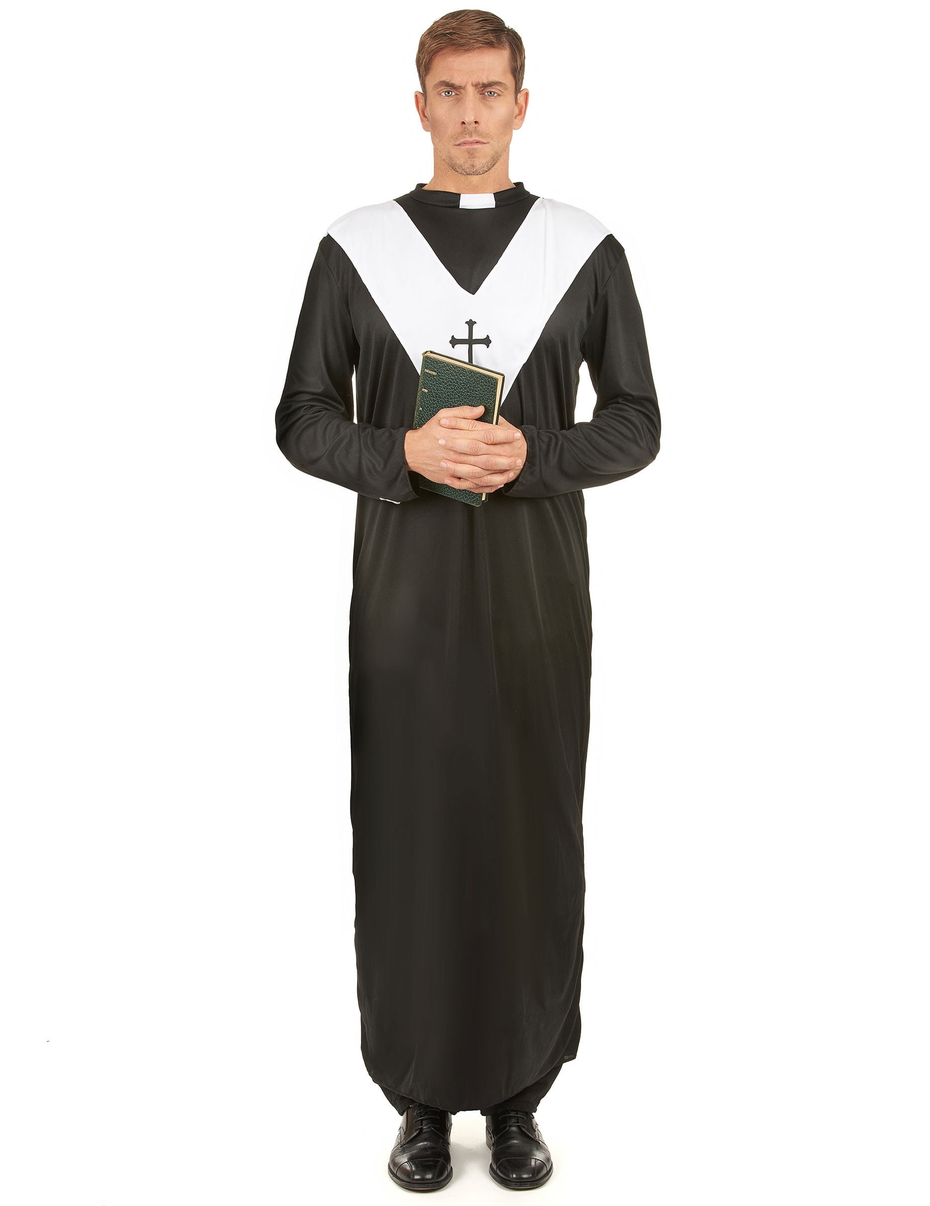Déguisement de moine pour homme noir et blanc avec plastron en V et croix