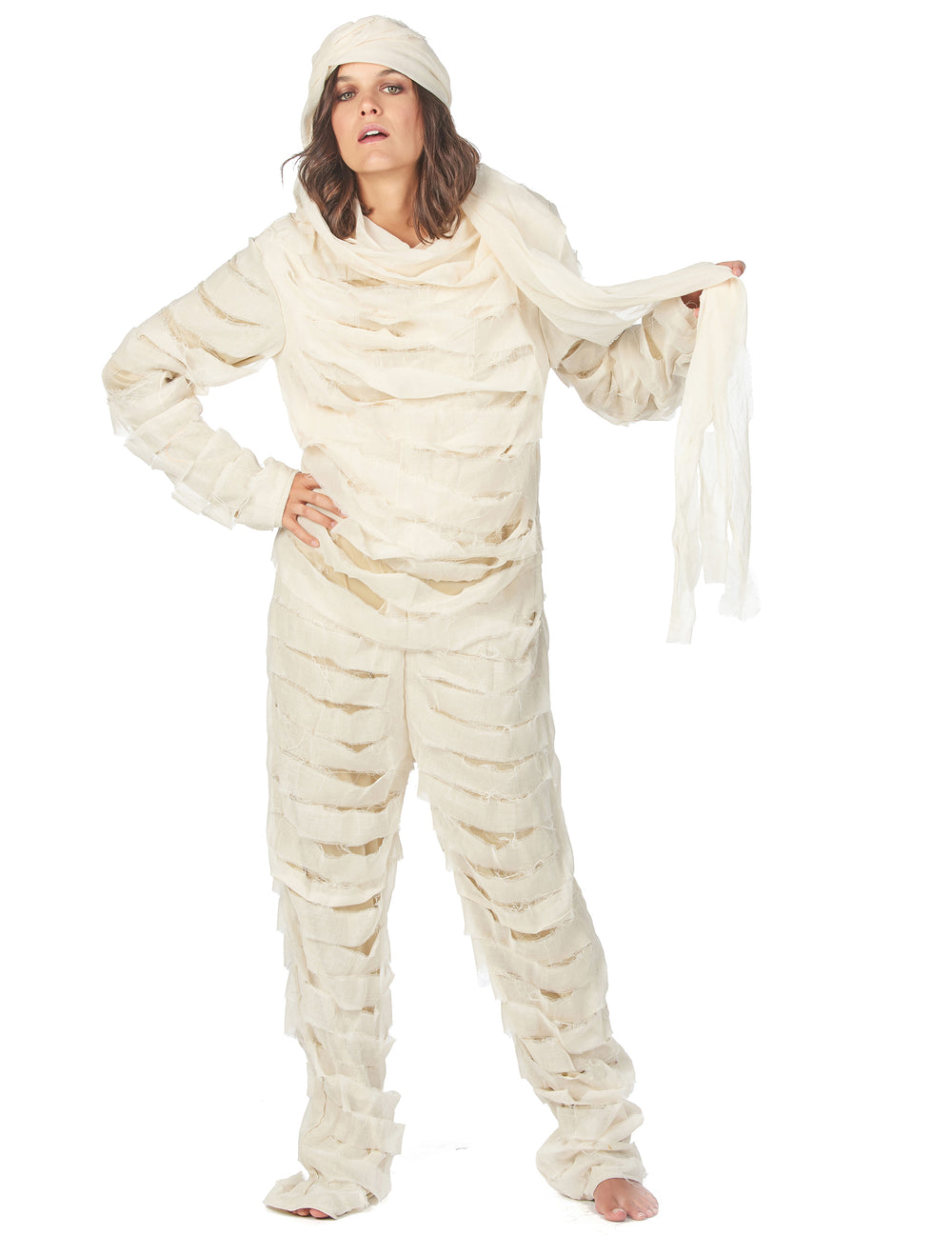 Détail des bandelettes du déguisement de momie pour adulte