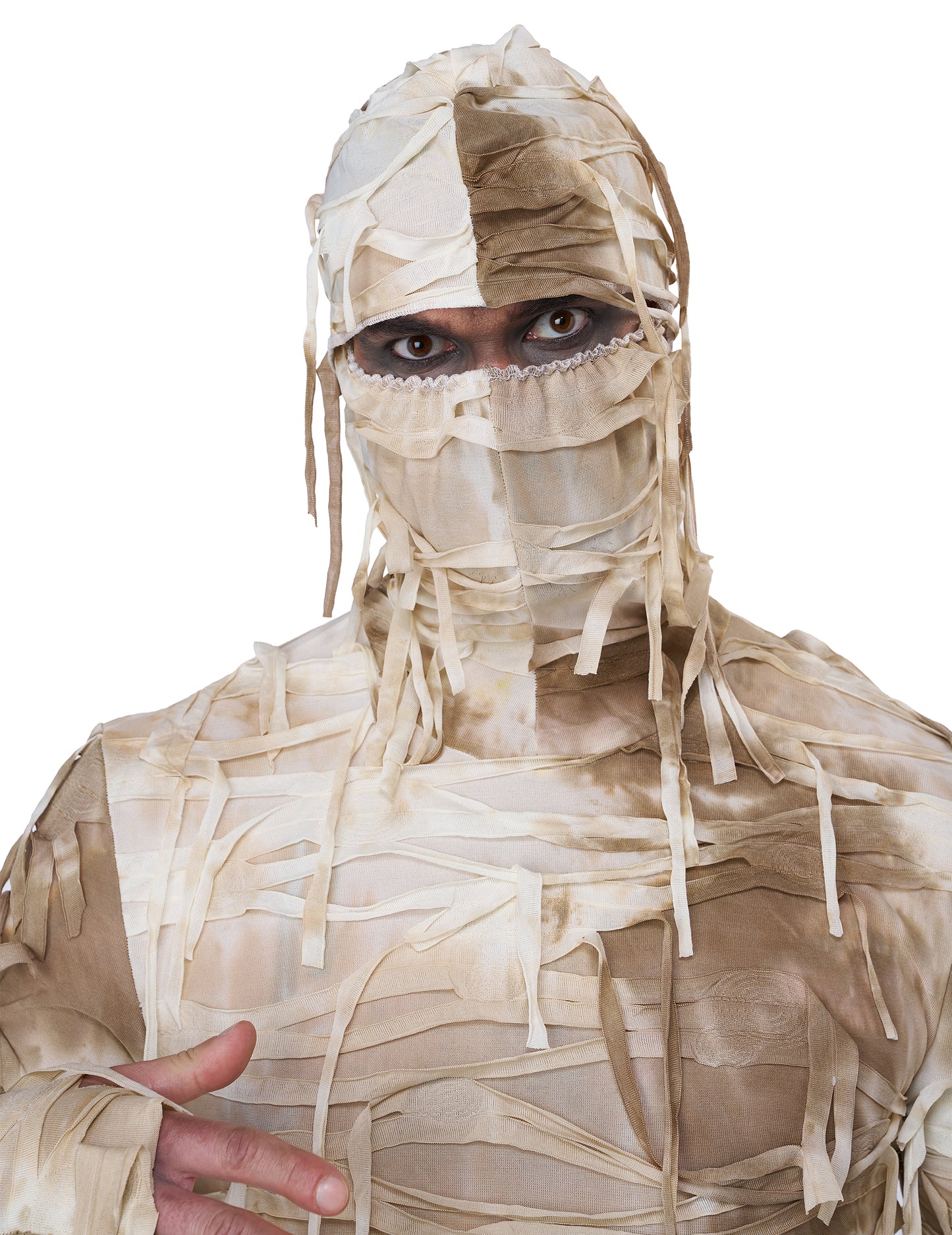Gros plan sur la cagoule du déguisement de momie pour homme