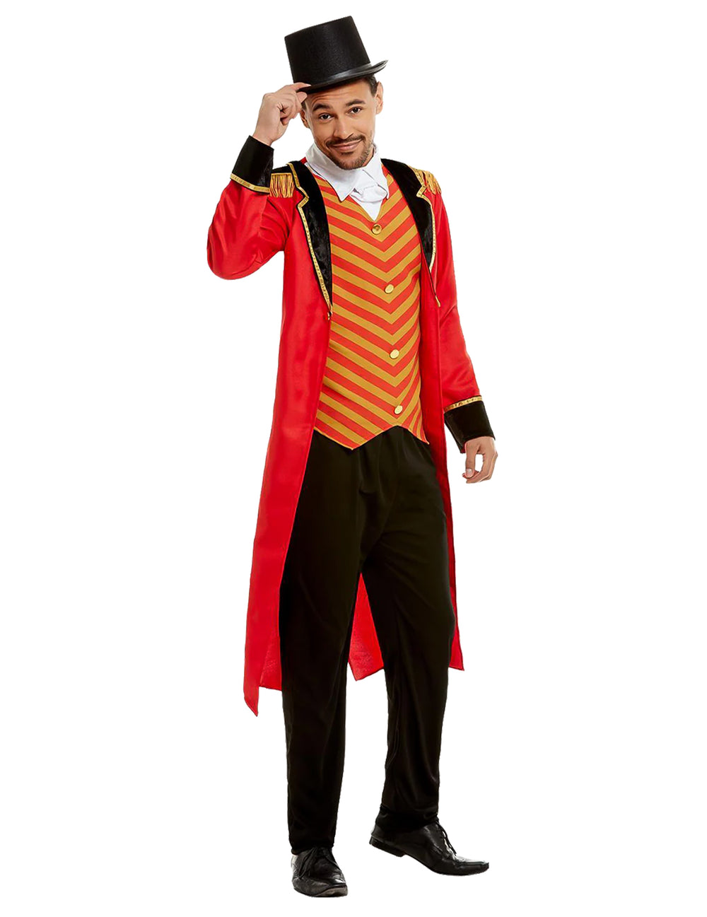 Déguisement Monsieur Loyal pour homme rouge avec gilet rayé et haut-de-forme