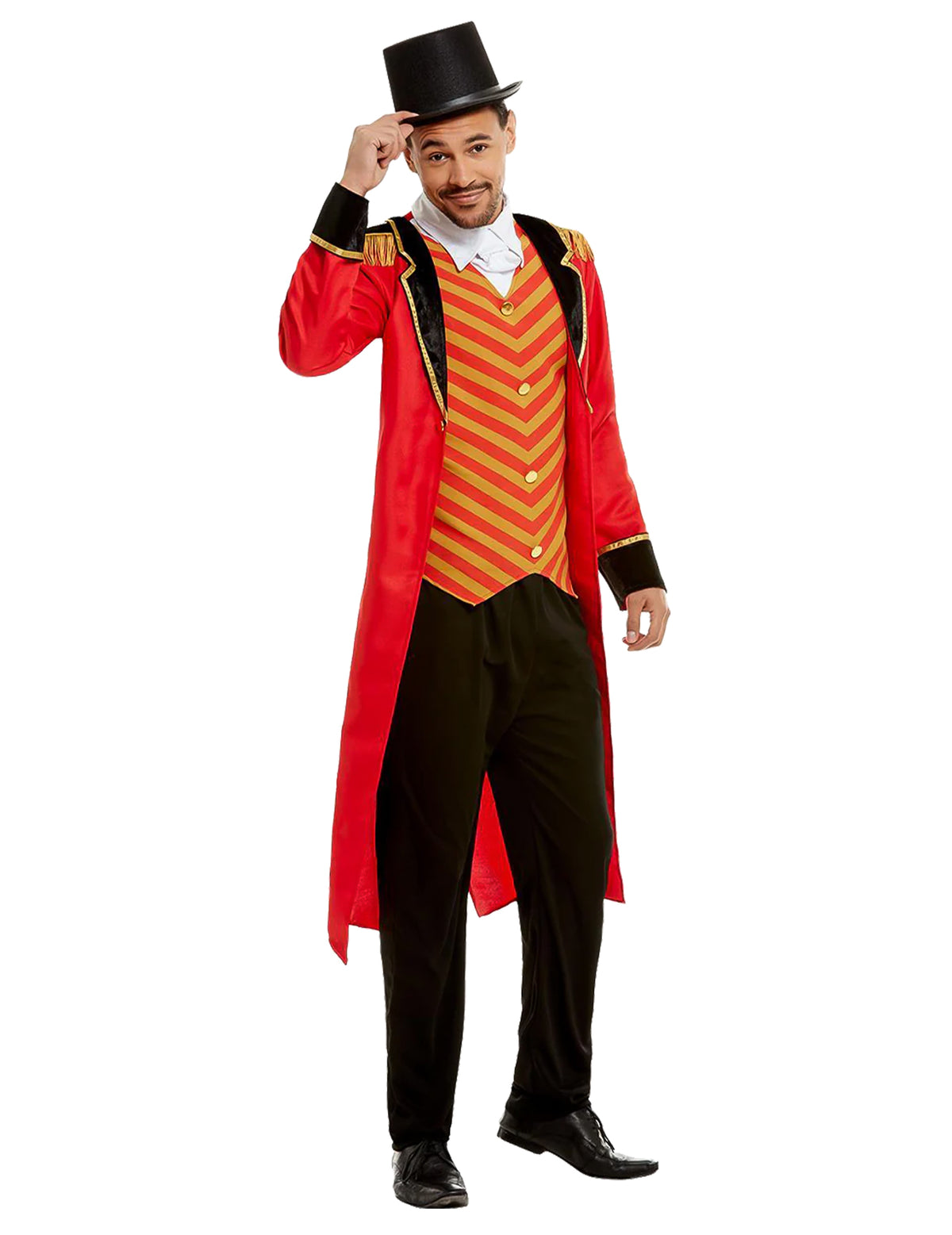Déguisement Monsieur Loyal pour homme rouge avec gilet rayé et haut-de-forme