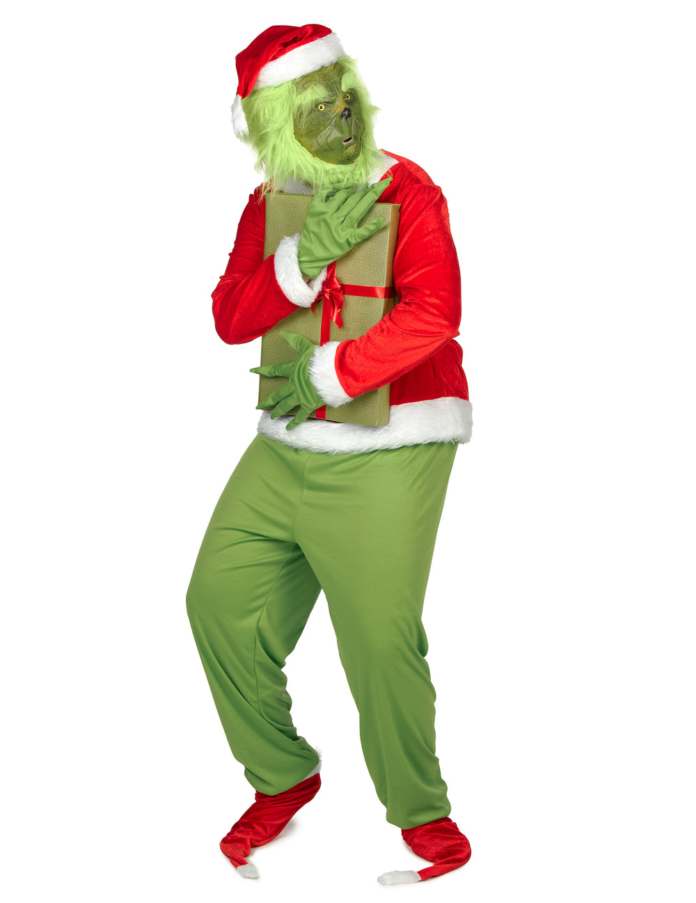 Vue de profil tenant un cadeau du déguisement monstre vert grincheux