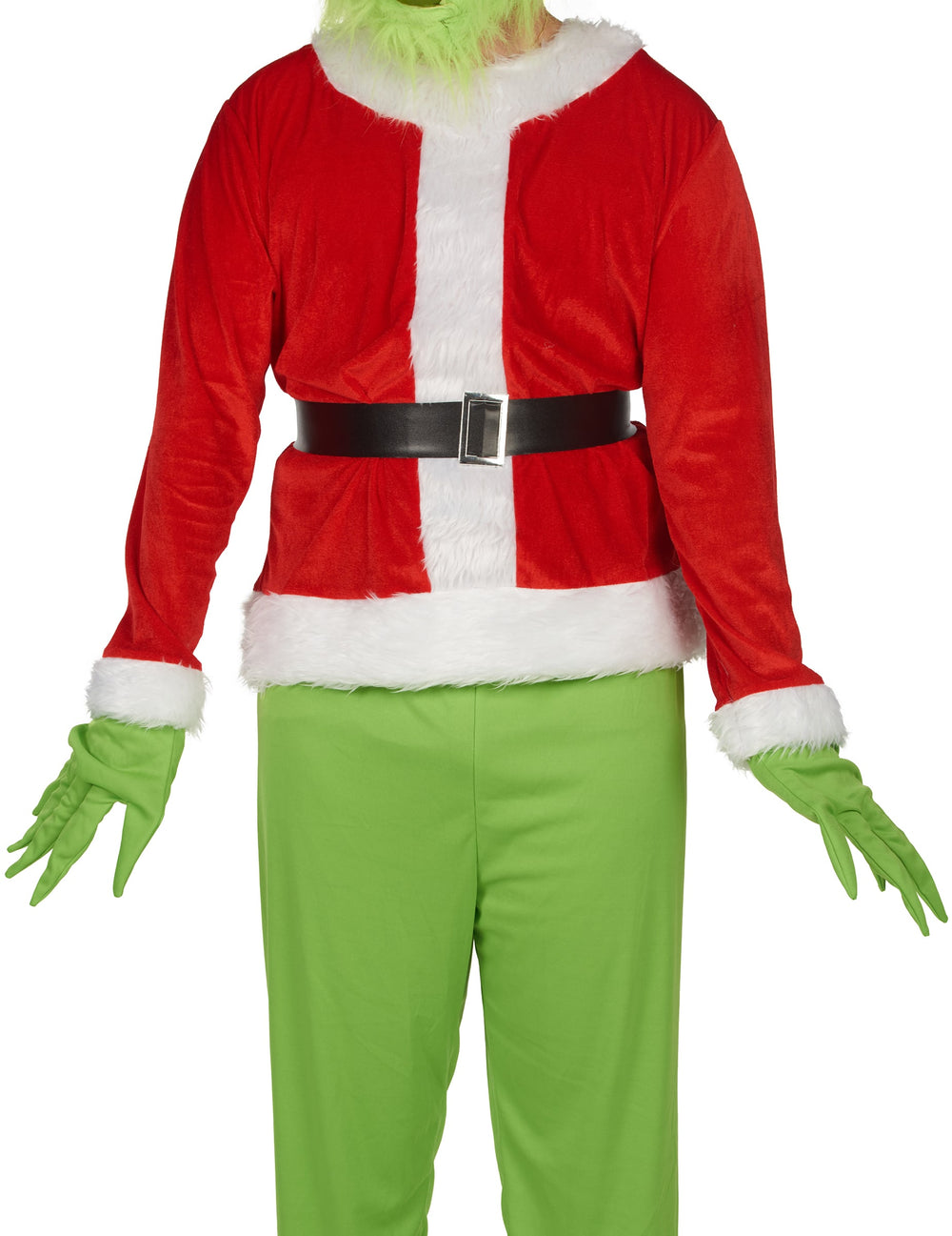 Déguisement monstre vert grincheux pour adulte rouge et vert avec ceinture noire