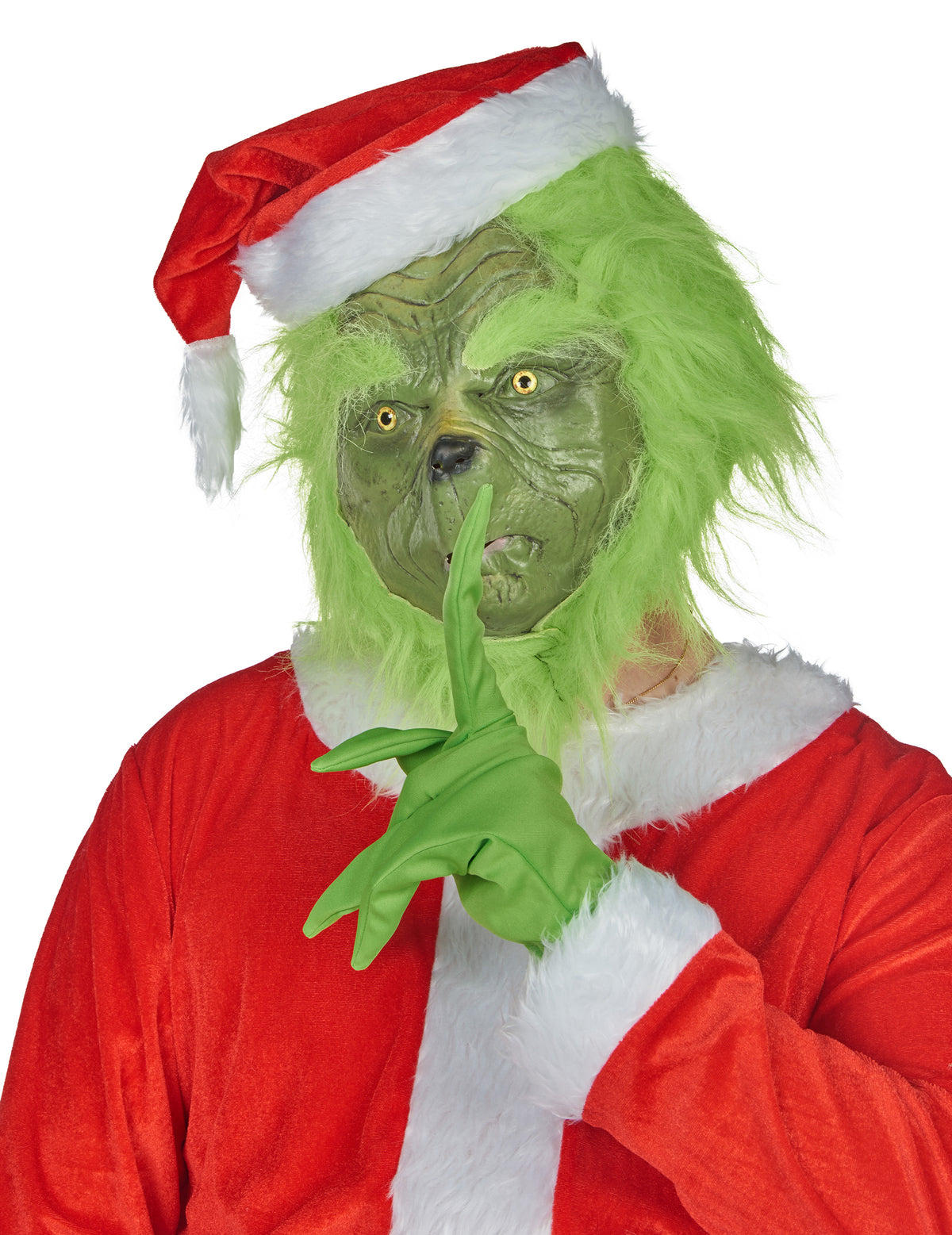 Gros plan sur le gant vert et le geste de silence du déguisement monstre vert grincheux