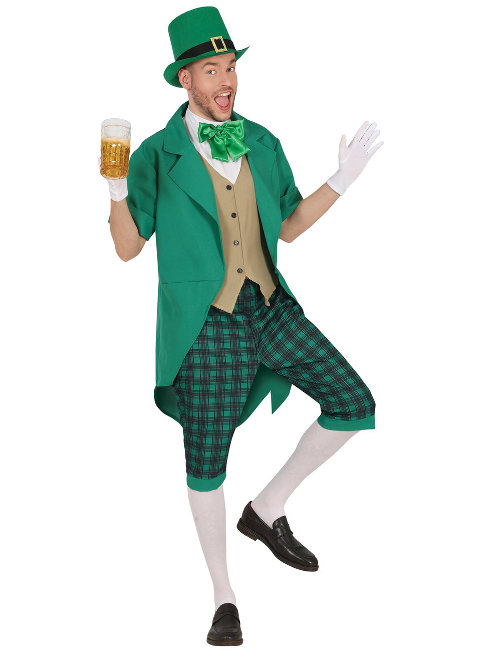 Déguisement Mr Saint Patrick pour homme vert avec pantalon à carreaux et chapeau haut de forme