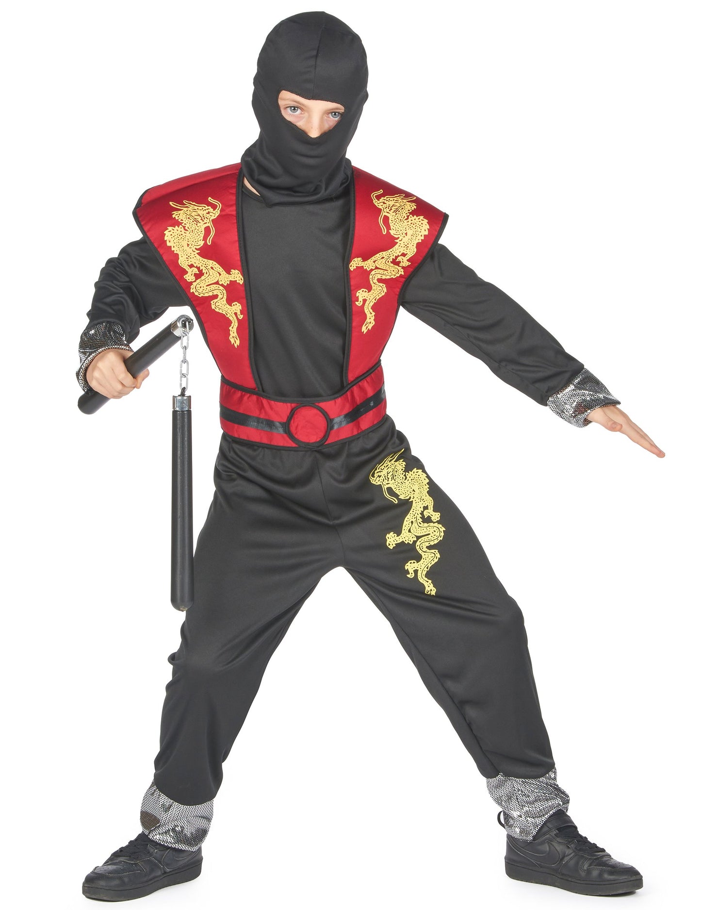 Žltý drak ninja kostým pre chlapca v čiernej a červenej farbe s nunchaku