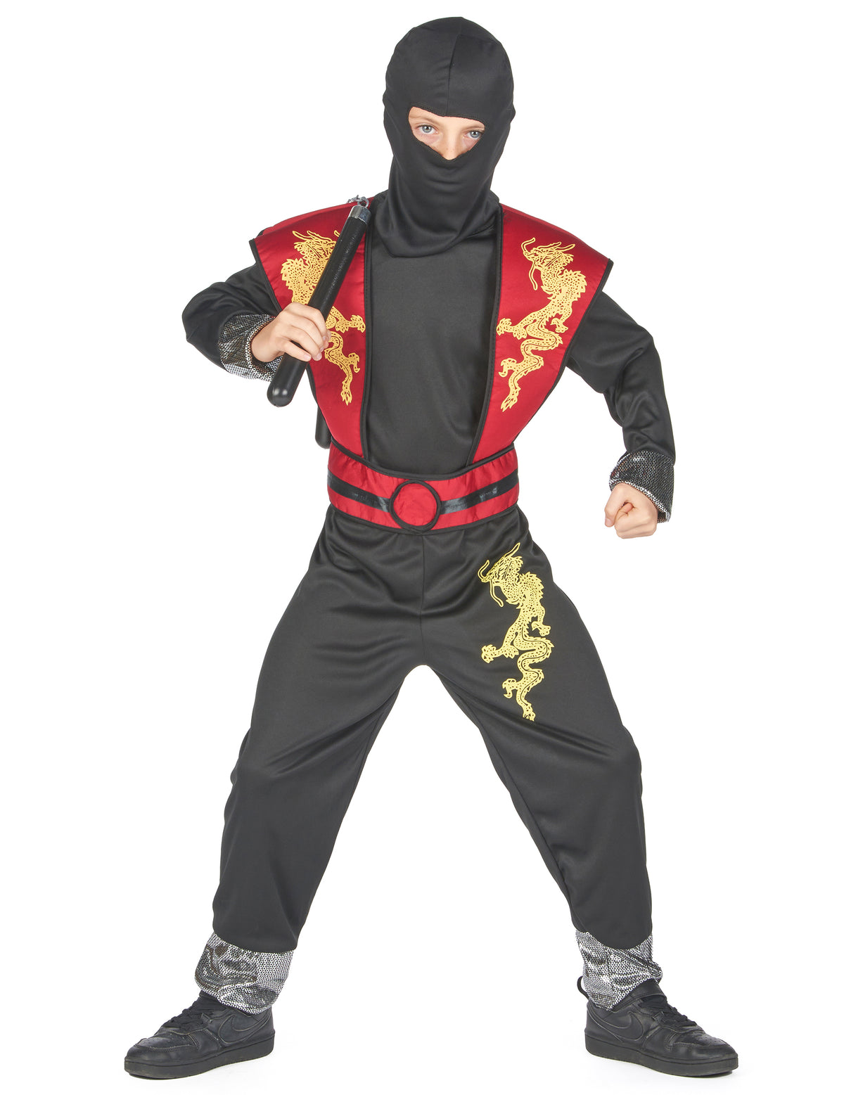 Pose de combat avec nunchaku du déguisement ninja dragon jaune pour garçon