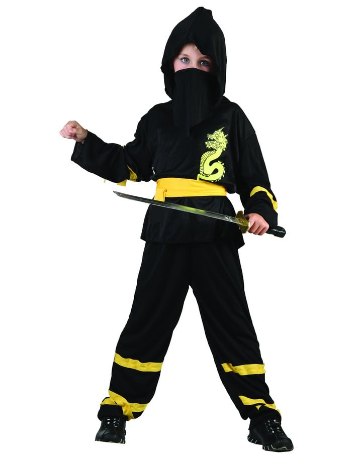 Déguisement ninja pour garçon noir avec ceinture jaune et motif dragon
