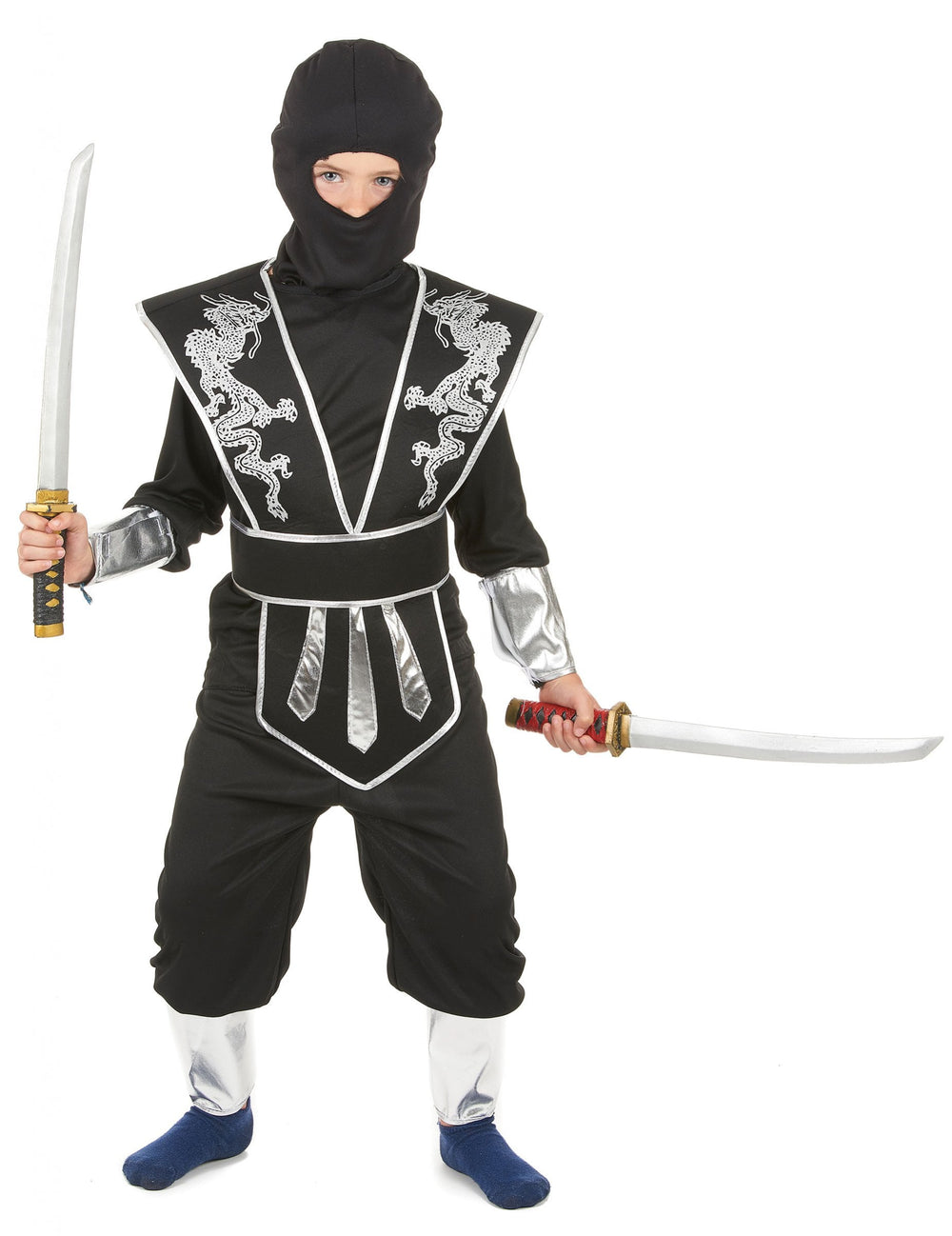 Déguisement ninja pour garçon noir et argenté avec motifs de dragons