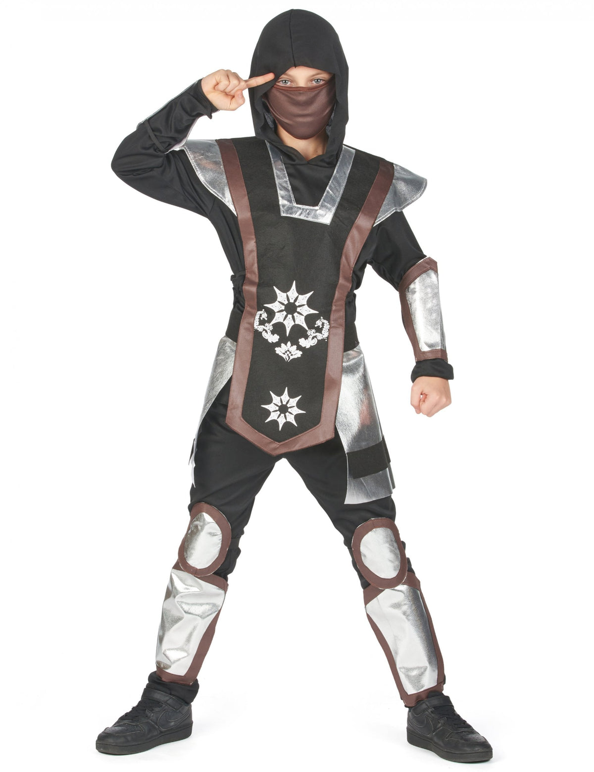 Déguisement ninja pour garçon noir et argent avec cagoule