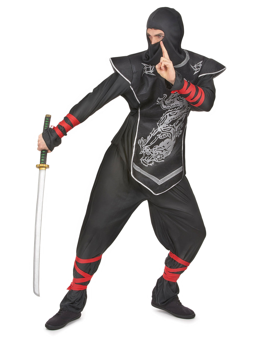 Pose de combat avec katana du déguisement ninja dragon argentés