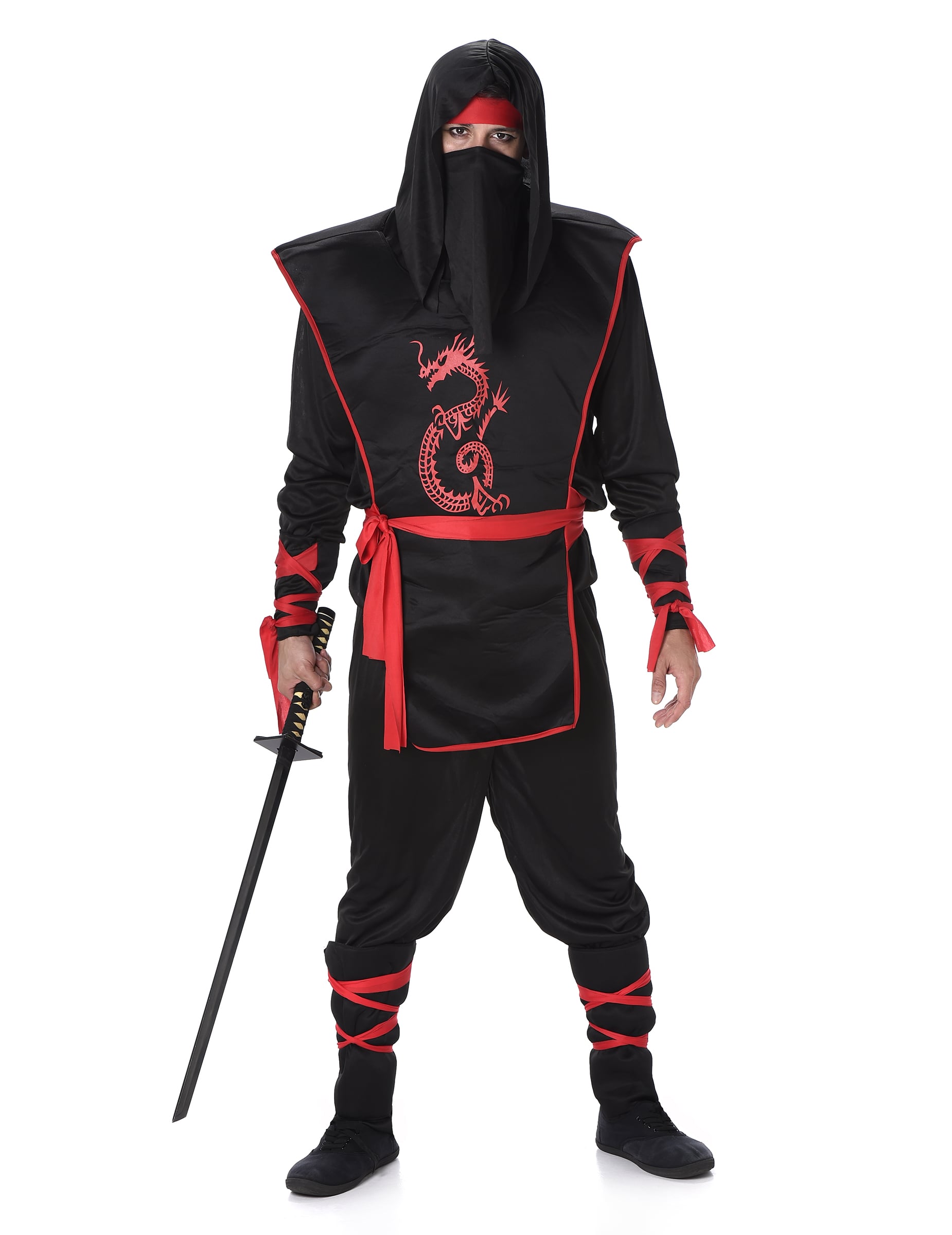 Déguisement ninja pour homme noir et rouge avec imprimé dragon