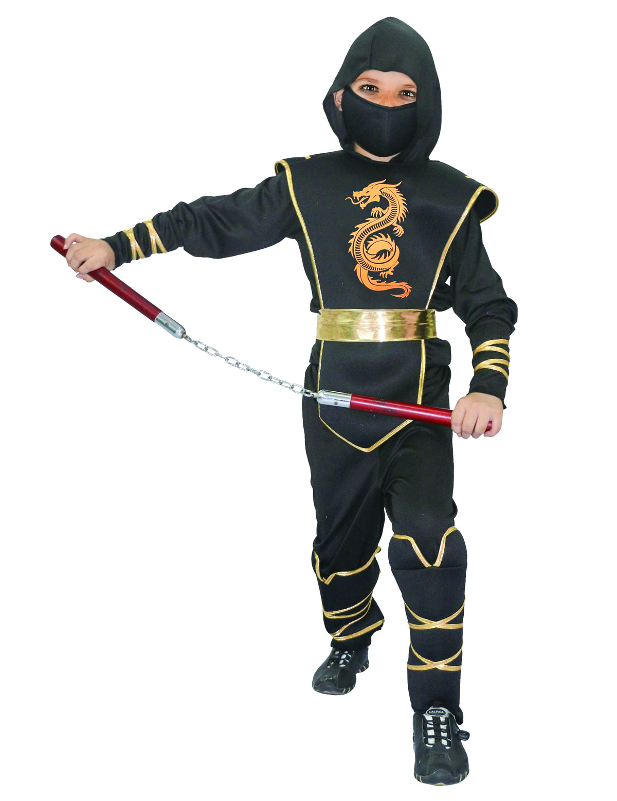 Déguisement de ninja pour garçon noir et doré avec motif dragon
