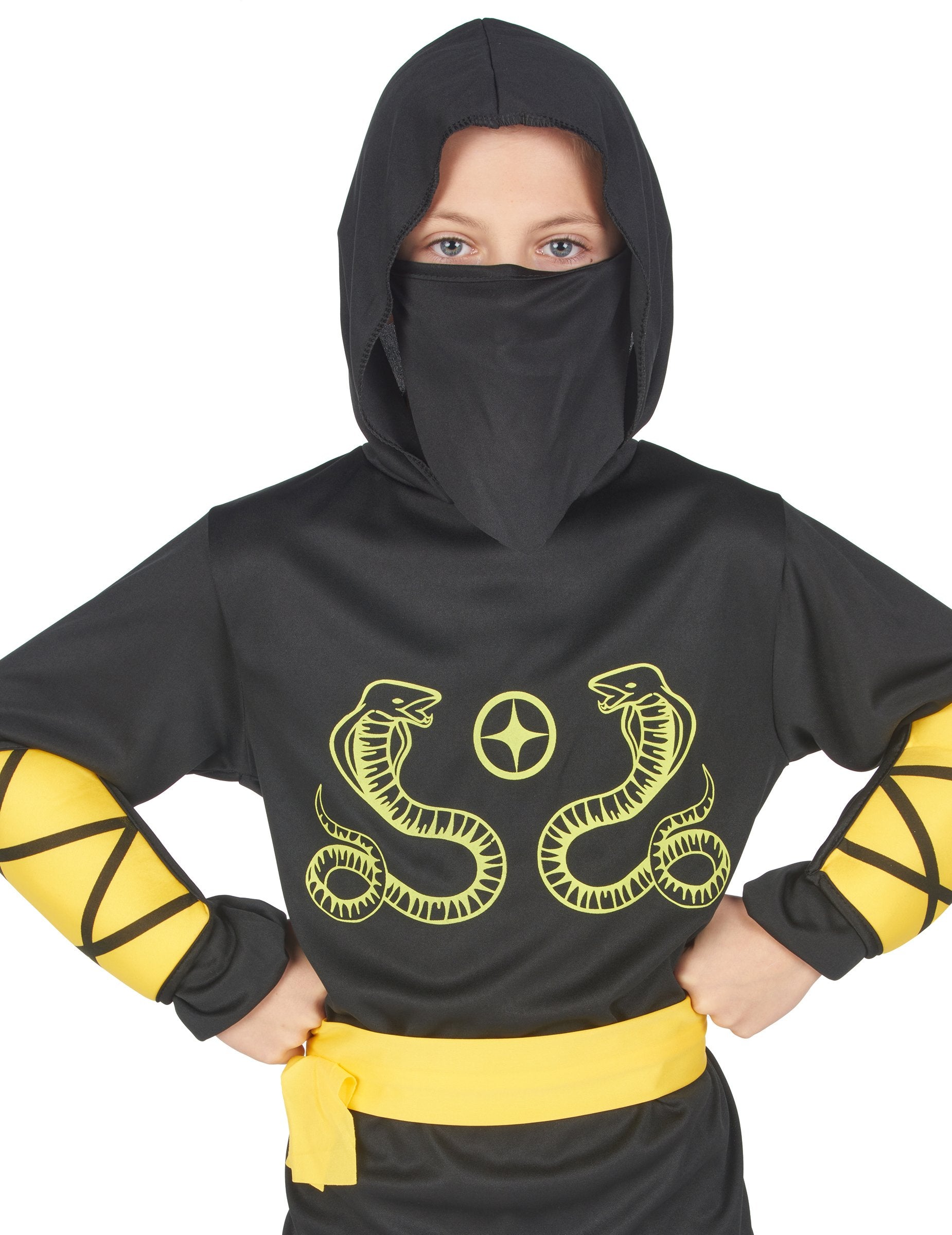 Ninjovský kostým pre chlapca v čiernej a žltej farbe s hadími vzormi