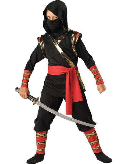 Déguisement de ninja pour enfant noir rouge et doré avec cagoule