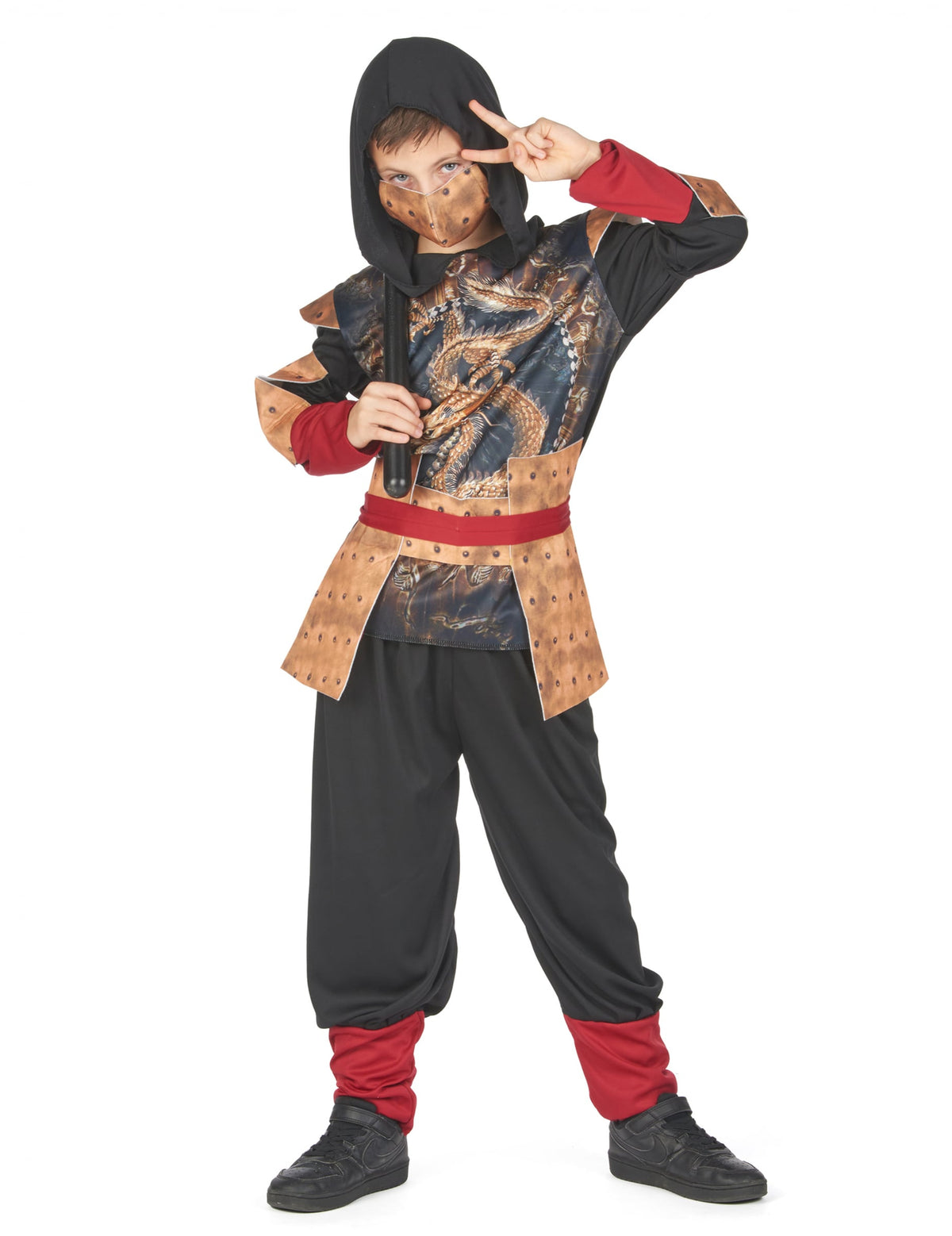 Vue de face avec nunchaku du déguisement ninja traditionnel pour garçon