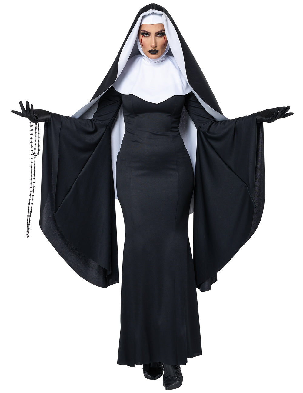 Déguisement nonne longue luxe pour femme noir et blanc avec voile et manches évasées