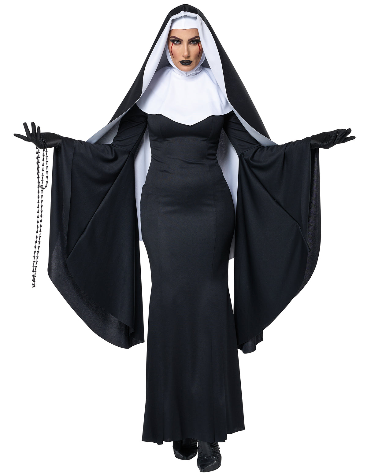 Déguisement nonne longue luxe pour femme noir et blanc avec voile et manches évasées